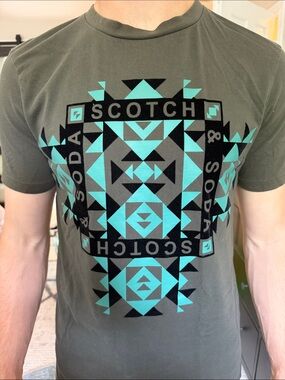 Scotch & Soda Olive Green Tee with Turquoise & Black Geometric Print